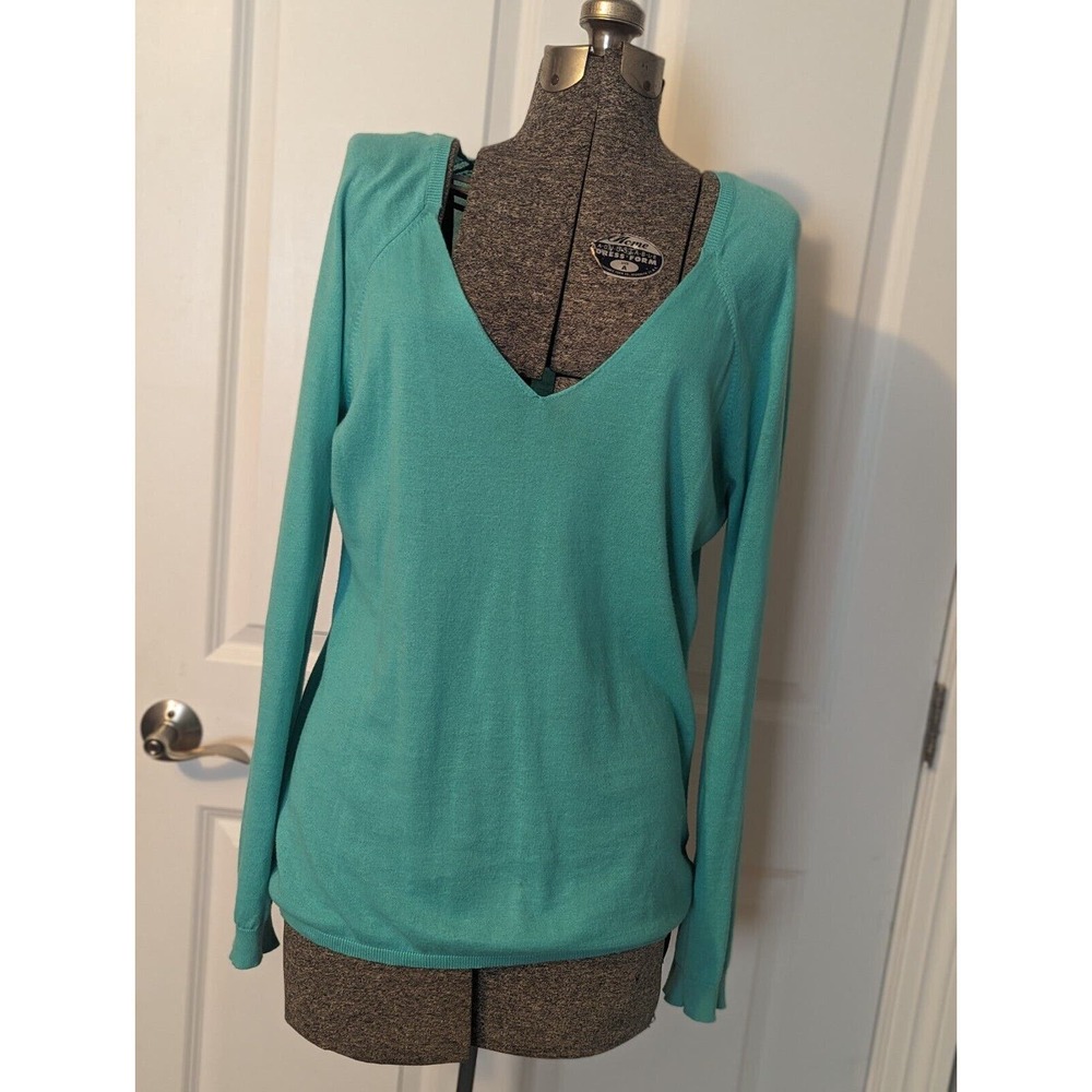 White + Warren Sweater Womens XL. Deep V Neck Long Sleeve Lightweight Top Aqua